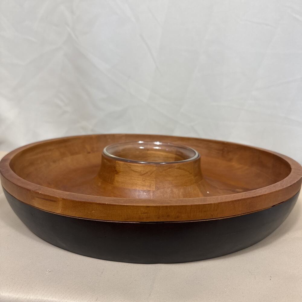 Artimino Wood Chip & Dip Serving Platter Glass Bowl Round Tray MCM Style